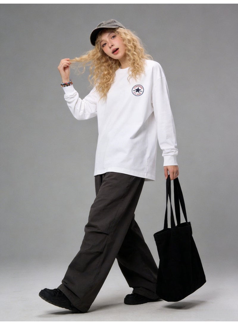 كونفرس CONVERSE عارضة فضفاضة القمصان طويلة الأكمام المستديرة - الرجال والنساء ، القطن النقي مع شعار القمصان الرياضية ، ملابس الشارع الصينية العصرية - Image 4